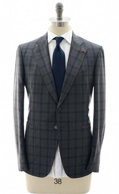 Isaia Napoli Gray Blue Plaid 100% Wool Suit
